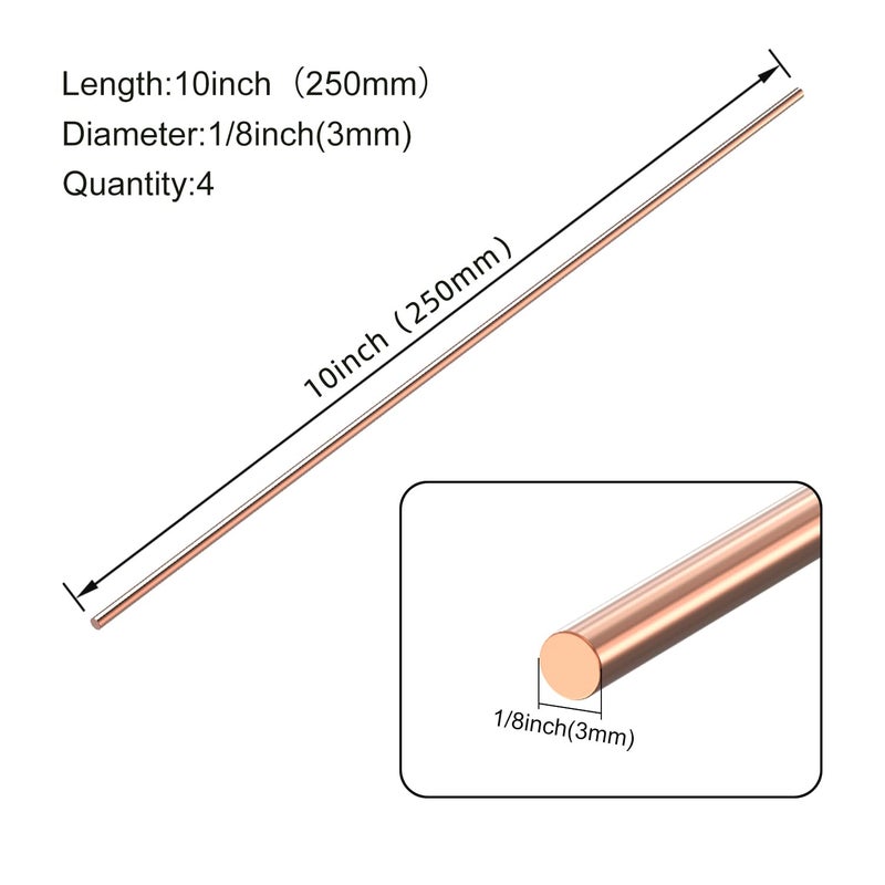 KWOKWEI 4 قطع قضيب نحاسي دائري نقي، 1/8" (3 مم) قطر قضيب نحاسي صلب، 10" (250 مم) طول قضيب نحاسي عاري لقطع المعادن - Image 2